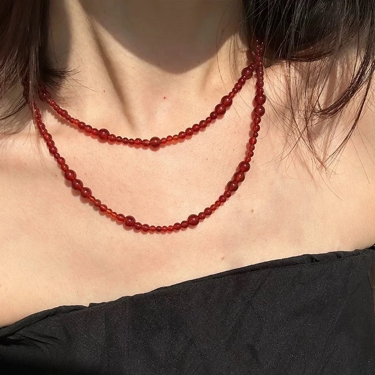 铜项链 法式复古不规则红色串珠项链小众设计高级感时尚百搭长款