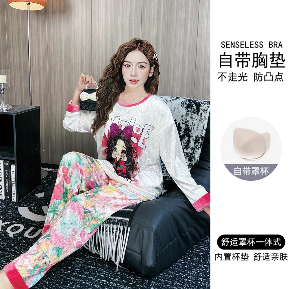 带胸垫2025年新款金丝绒睡衣女春秋季长袖可爱卡通秋冬家居服套装