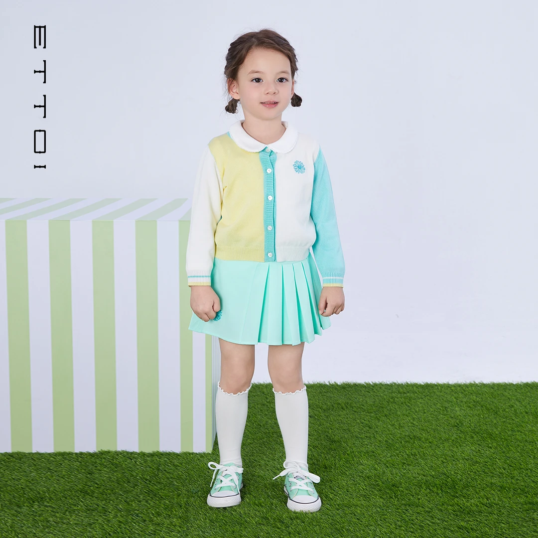 ETTOI爱多娃女童裙子休闲运动浅绿色LUCKY百褶短裙