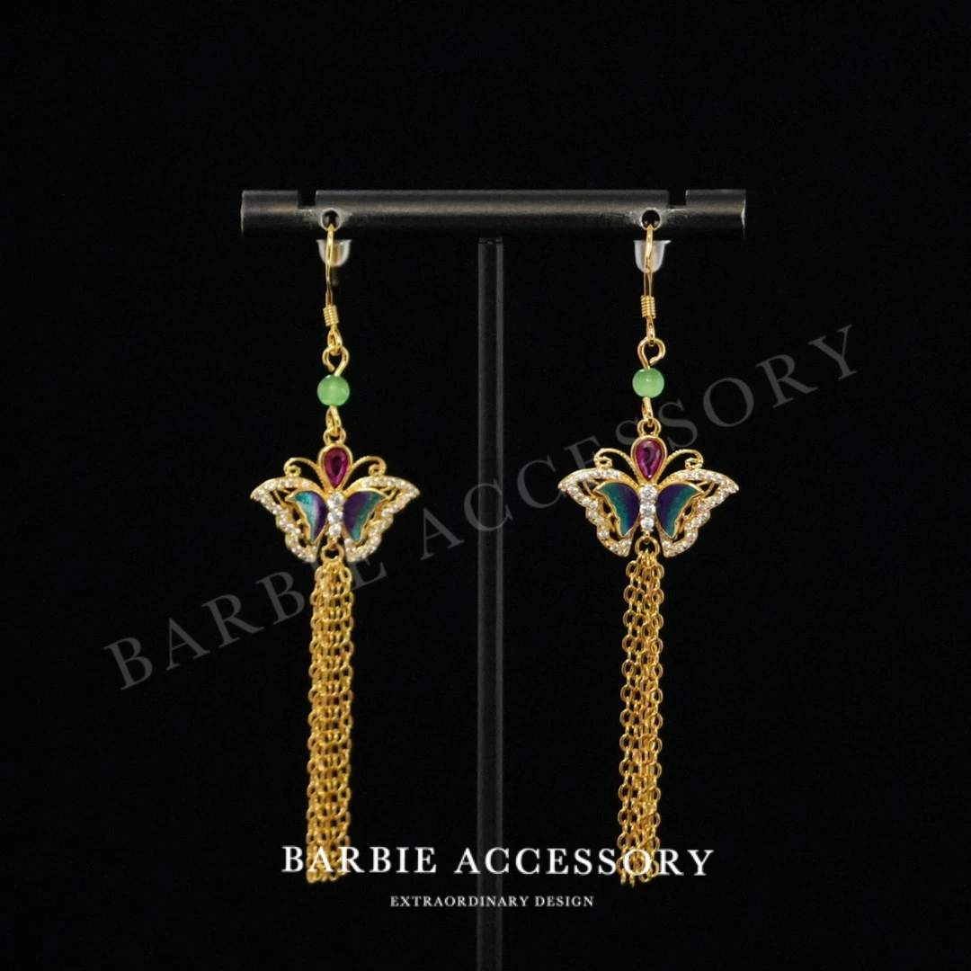 铜合金合成锆石耳饰 【蝶湖蓝艺】新中式设计款高级感绝美耳环