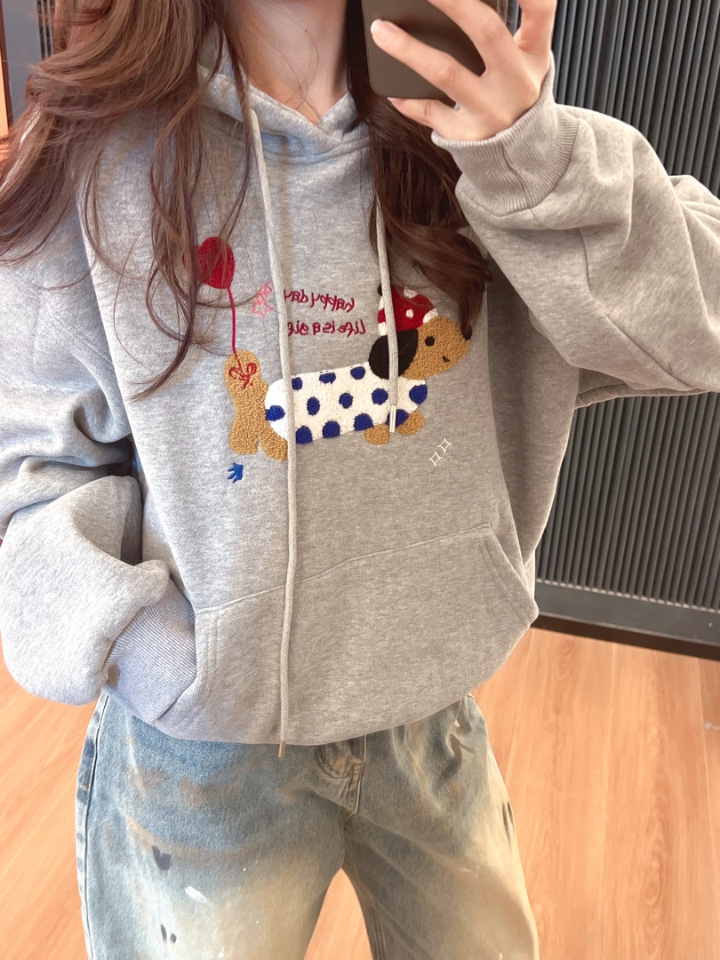 xxxwxz王希之  慵懒风连帽气球腊肠狗毛巾绣宽松长袖卫衣#z1261