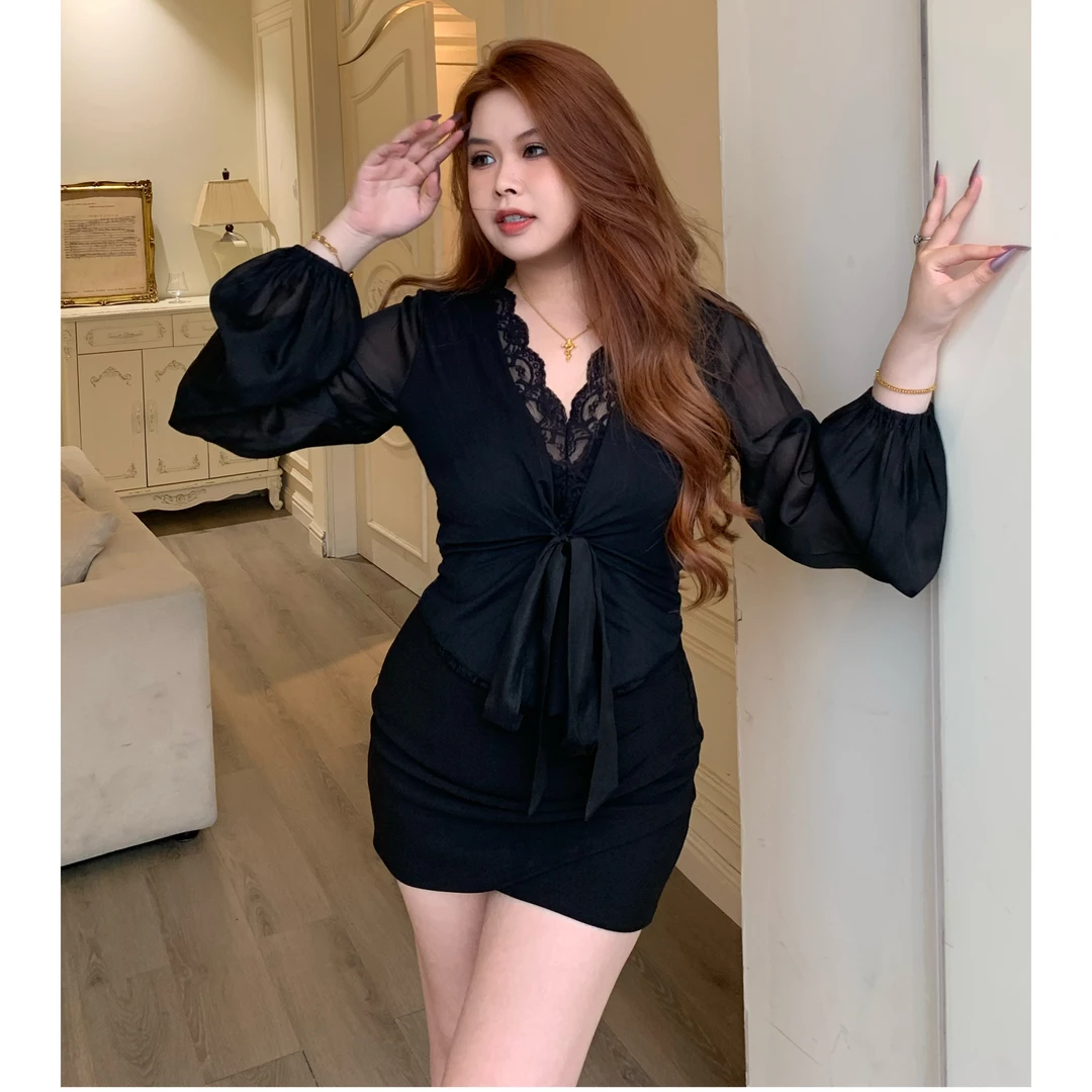 夜幕蝴蝶 网纱带里衬拼接蕾丝花边绑带设计透气长袖上衣女G125