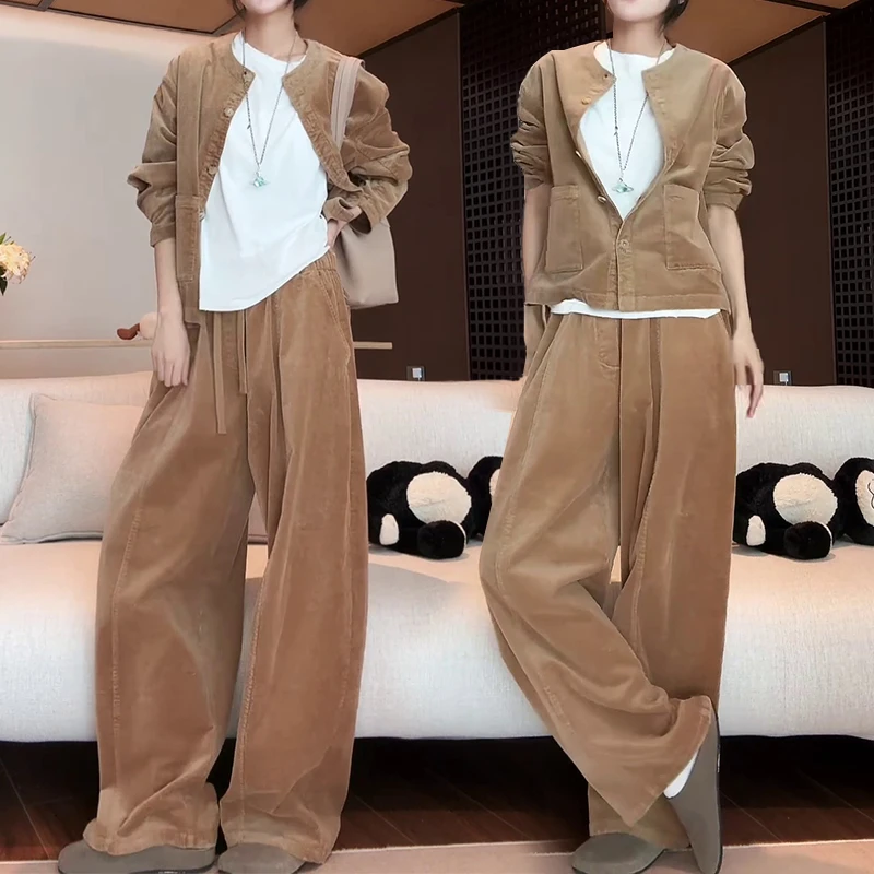 早秋穿搭一整套女2025新款慵懒风简约休闲长袖外套+阔脚裤两件套