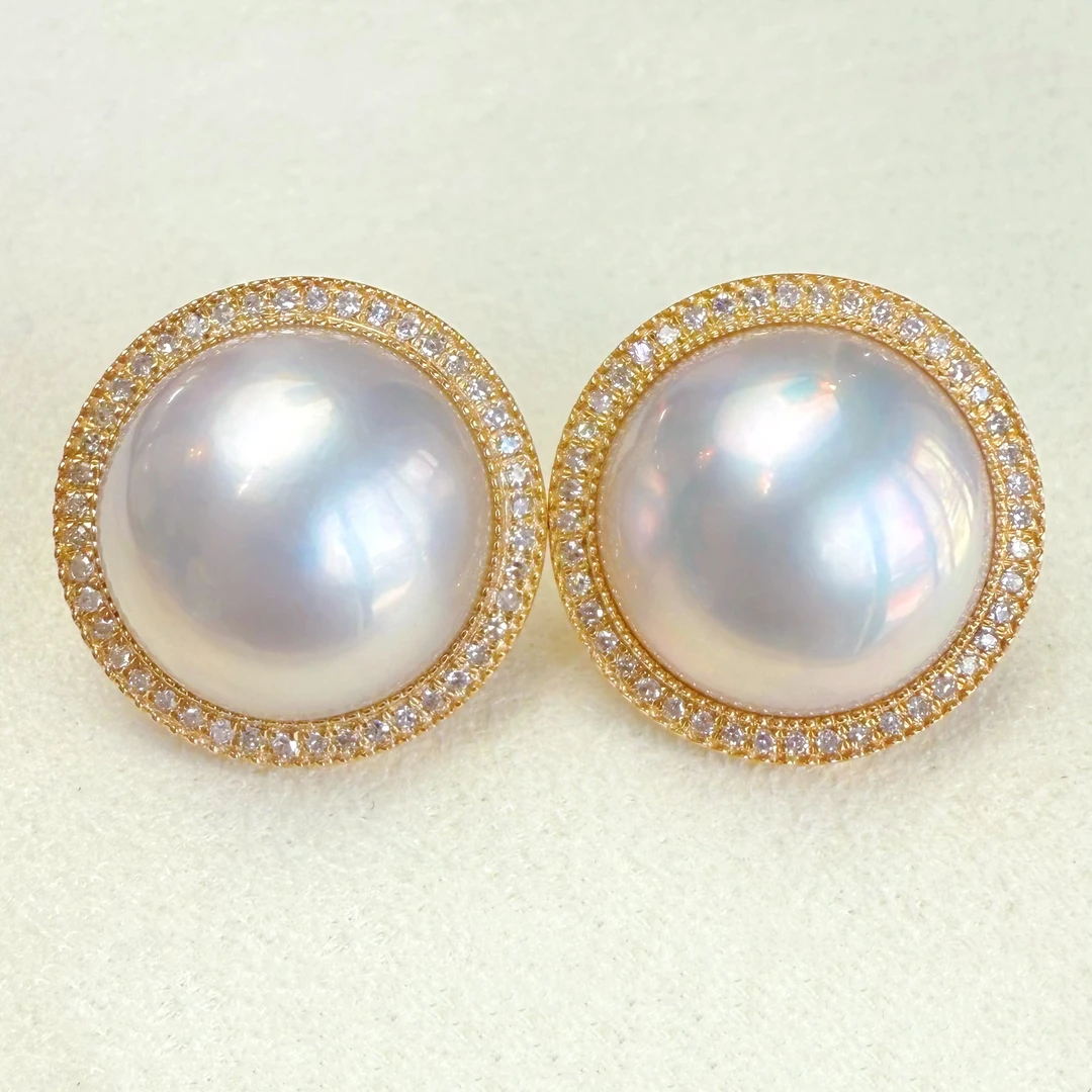 朕的珠 满钻太阳花澳白色厚金版 纯天然海水马贝耳钉18K金成品