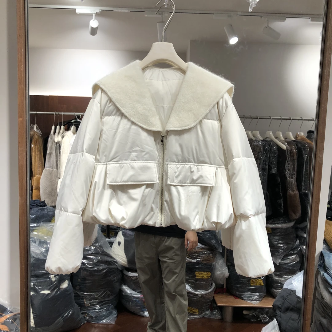 双排扣宽松型翻领长袖短款冬季保暖百搭拼接83578