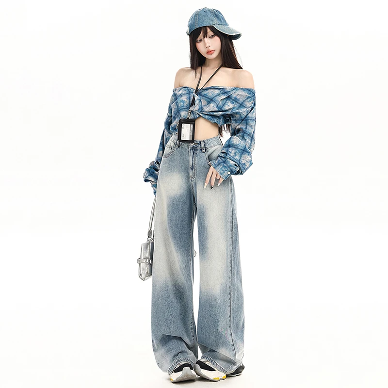 2025秋装早春美式复古深色阔腿直筒牛仔裤女年新款慵懒宽松拖地裤