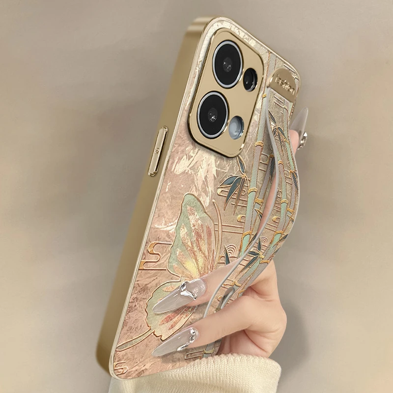 翠竹蝴蝶适用于opporeno14pro手机壳女款高级感腕带小羊皮保护套