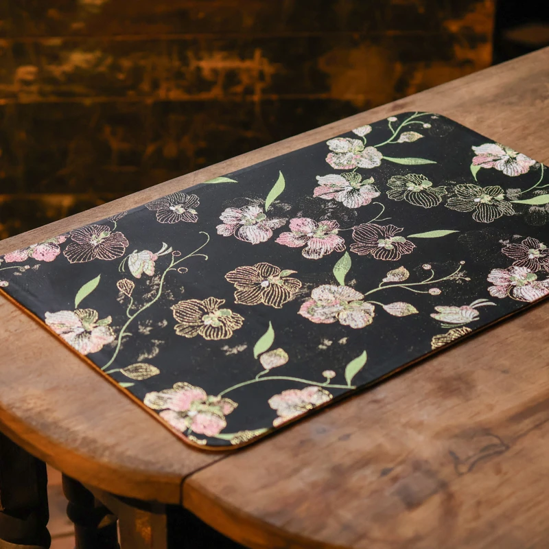 【小田甄陶】1<粉绒花>双面圆角织锦茶席45*28（慢蓝S0917）