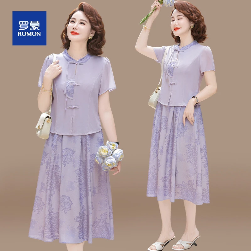新中式妈妈夏装连衣裙洋气短袖国风雪纺裙中老年女装夏季减龄裙子