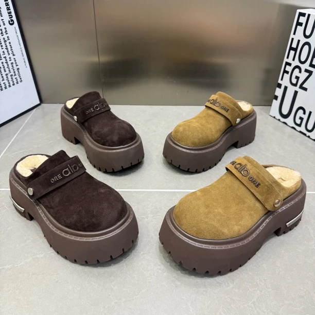 富8818-8新款厚底松糕米奇头羊毛垫磨砂皮包头拖底厚6公分增高