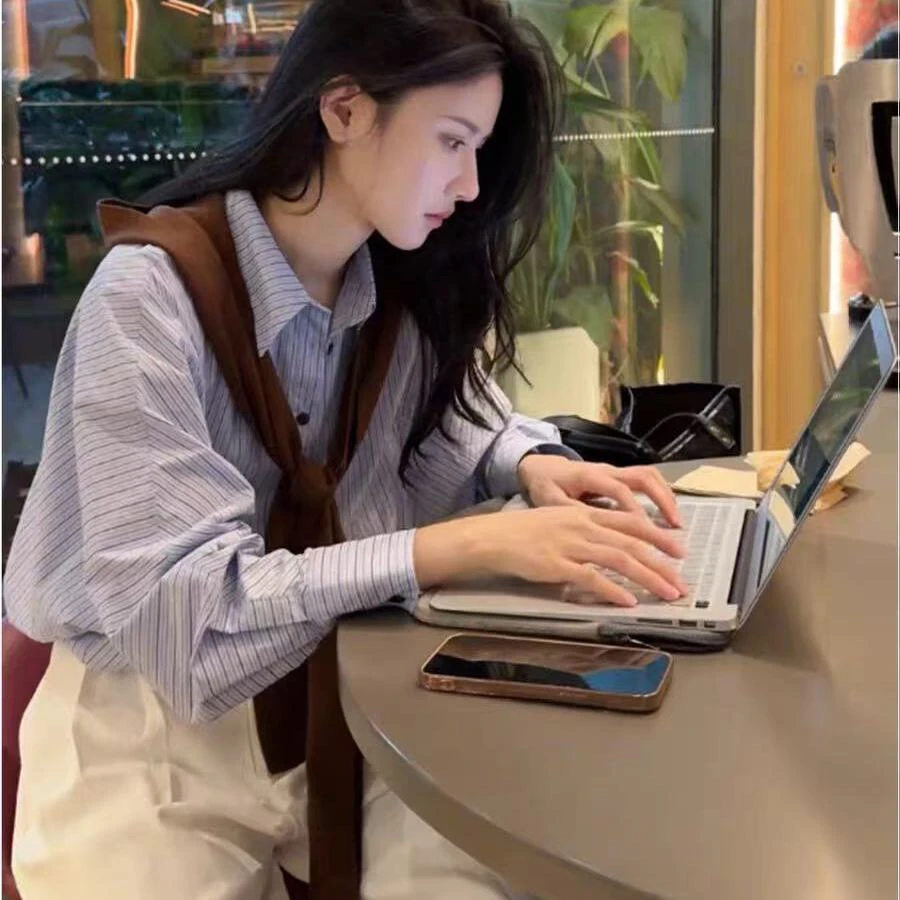 法式假两件条纹长袖披肩衬衫早秋女装2025新款设计感宽松气质上衣