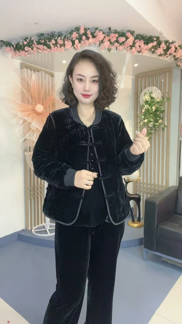 中式气质复古单排盘扣V领丝绒棱格棉宽松型棉服短外套女7016