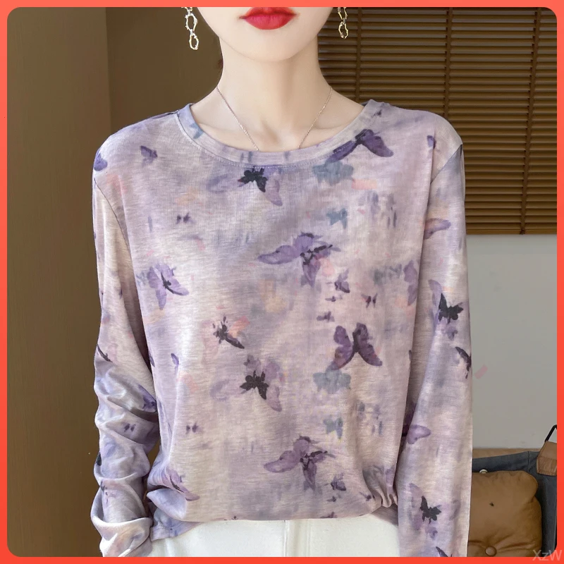 莱赛尔天丝棉舒适薄款印花长袖圆领打底上衣内搭晕染宽松百搭罩衫