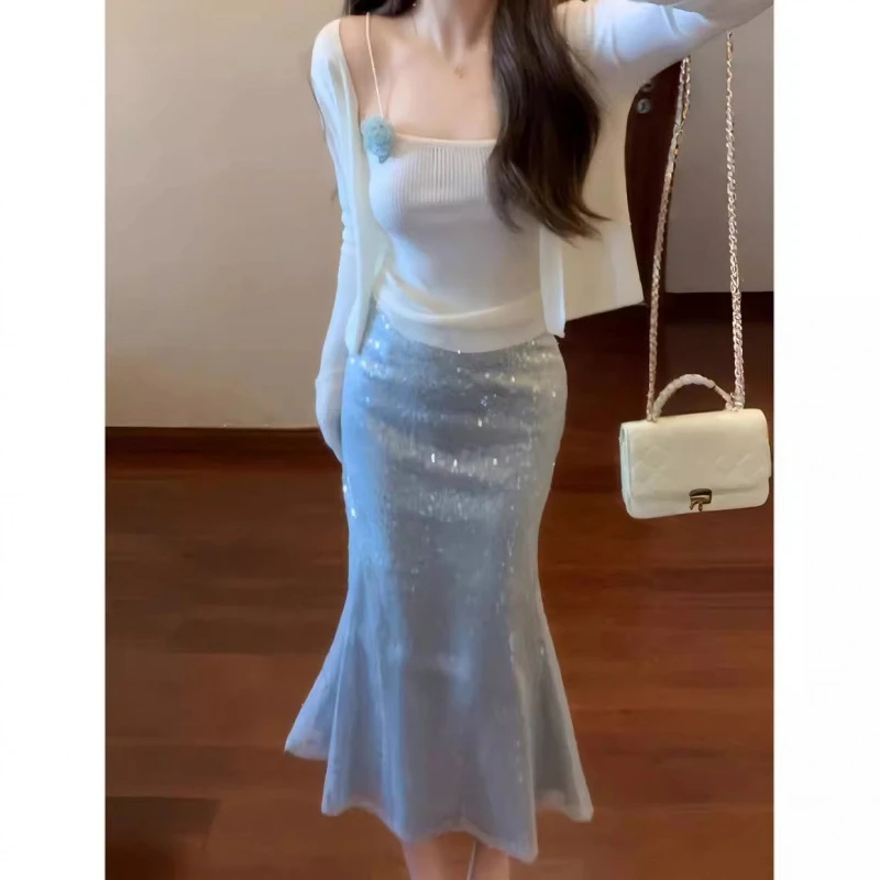 不撞款千金风穿搭仙吊带开衫显瘦亮片鱼尾半身裙时尚套装裙女