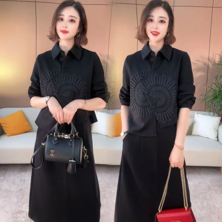 高级精纺四面弹刺绣套装女士春季新款时尚减龄休闲上衣裙子两件套