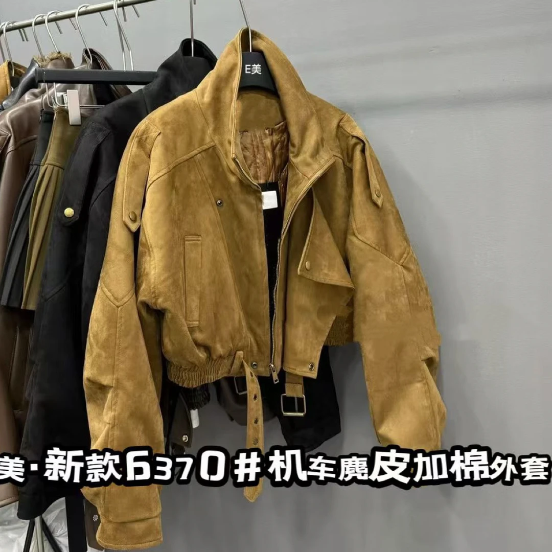 高级洋气小众设计双领鹿皮绒夹棉加厚短款外套