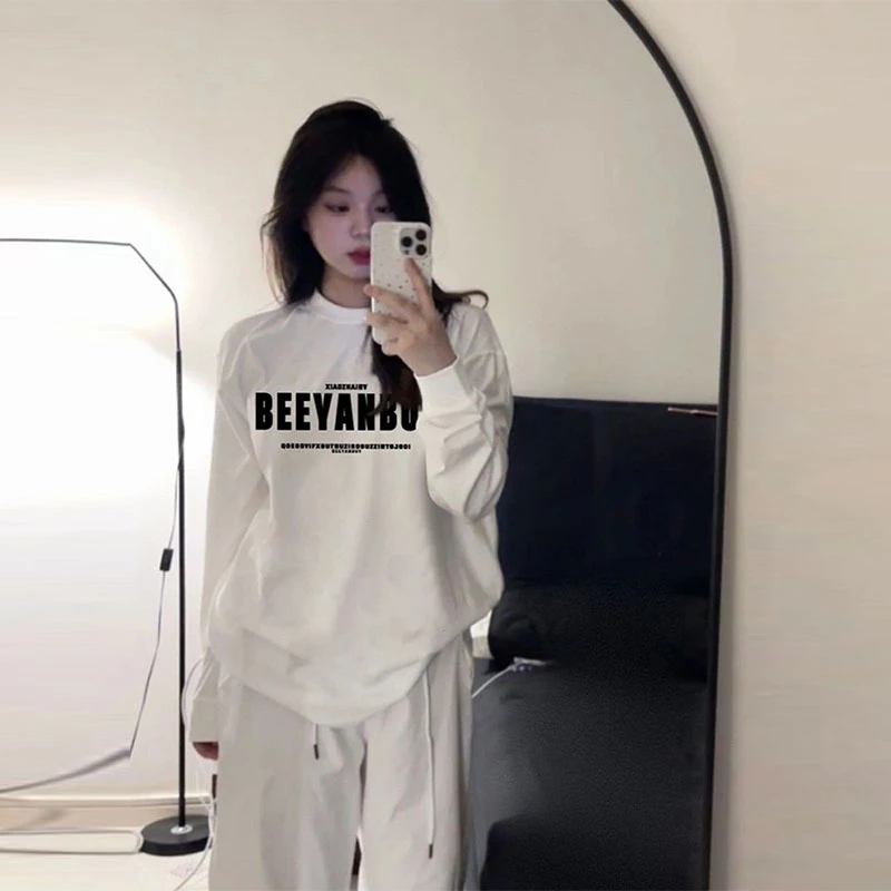 100%纯棉白色长袖t恤女春秋季美式字母印花慵懒宽松休闲打底上衣