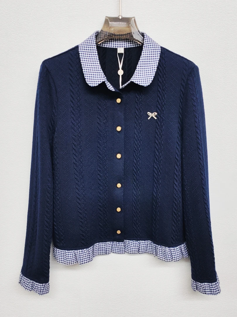 格子翻领拼接针织女假两件秋季毛针织衫蝴蝶结衬衫百搭上衣