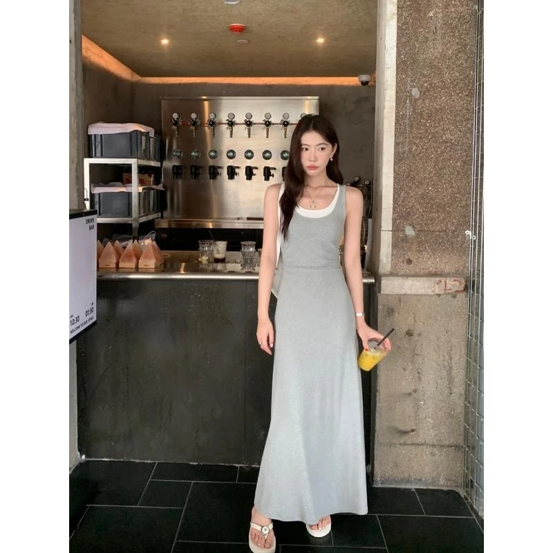 2025新款假两件背心连衣裙女设计感小众无袖吊带裙收腰气质长裙