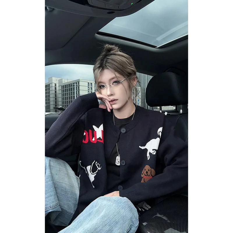 复古趣味小狗毛衣开衫男女2025秋季外套慵懒风卫衣情侣针织衫上衣