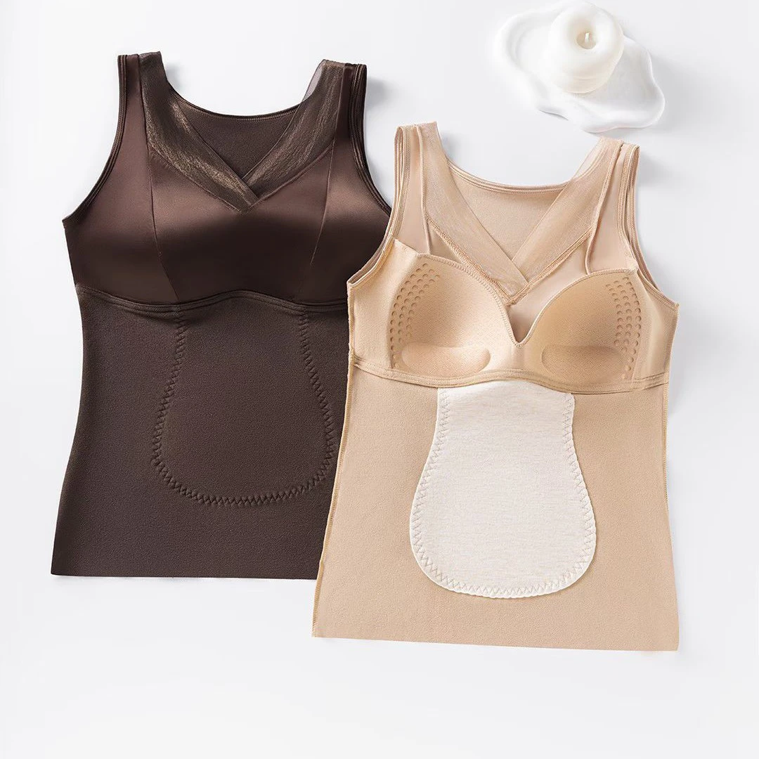 秋冬奢感缎面无痕网纱美背无钢圈保暖加绒免穿吊带背心女内搭打底