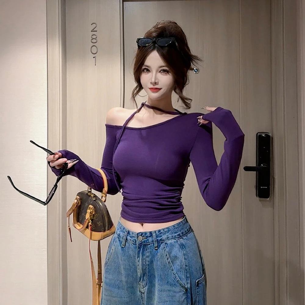 【CCDZ】早秋新品时尚百搭设计感侧拉肩系带辣妹上衣女