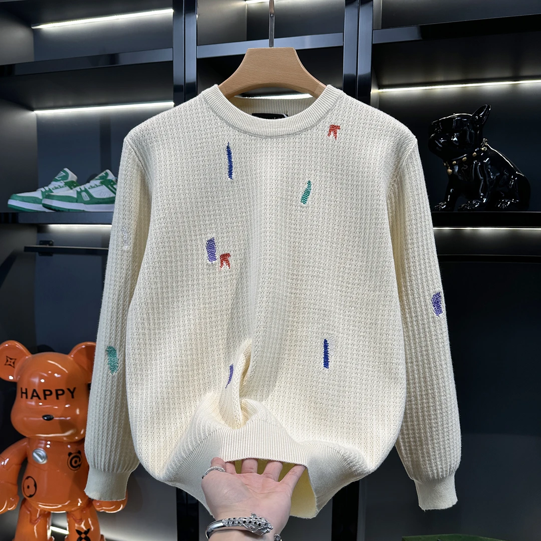 高品质刺绣毛衣男款潮牌内搭针织打底衫2025冬季新款男士高端上衣