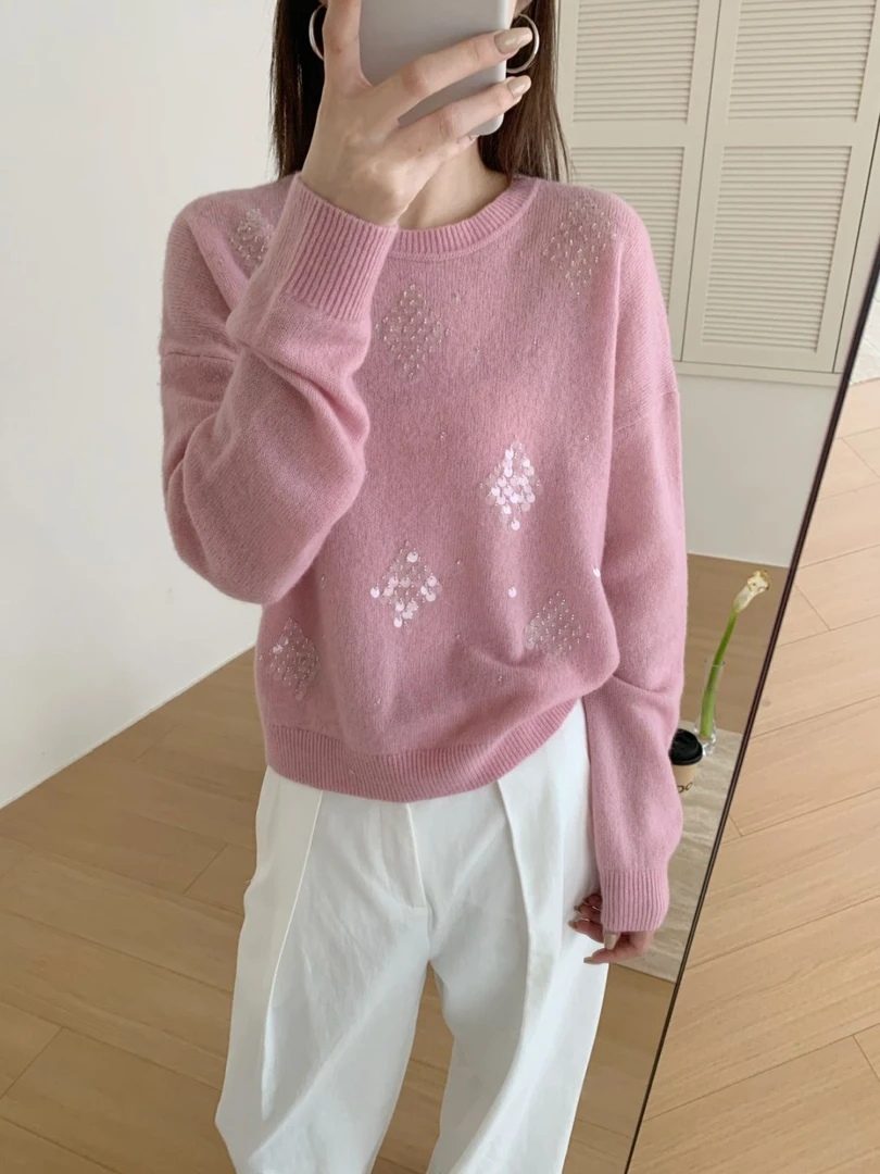 【素简.830159】秋冬新款羊驼毛+山羊绒珠管菱格刺绣女装上新针织衫