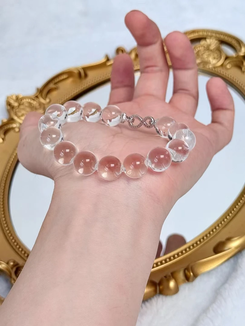 双a等级12mm白水晶牛鼻孔手链 带S925银8字扣