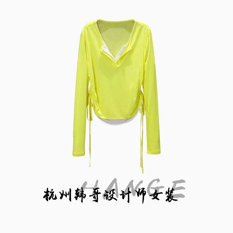 【韩哥女装】2026春季青柠黄时尚感冰丝V领修身显瘦长袖衫3238-E8