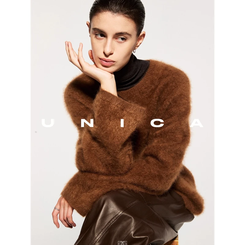 UNICA/重工羊绒拉绒拉毛梦幻氛围_轻盈云朵100羊绒圆领简约毛衣