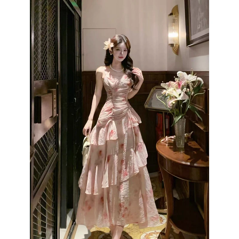 新款法式荷叶边晕染吊带连衣裙气质度假仙女裙子