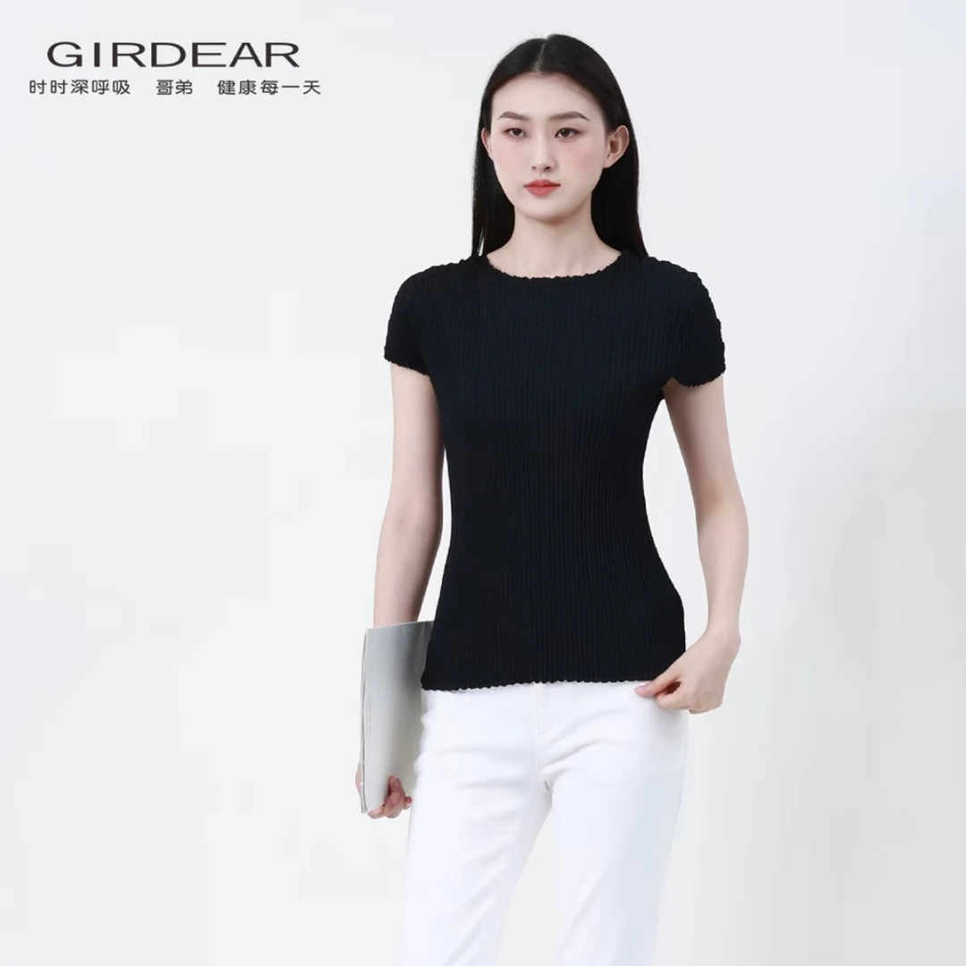GIRDEAR/哥弟显瘦立体压褶短袖夏季新款肌理感套头衫T恤女1300706