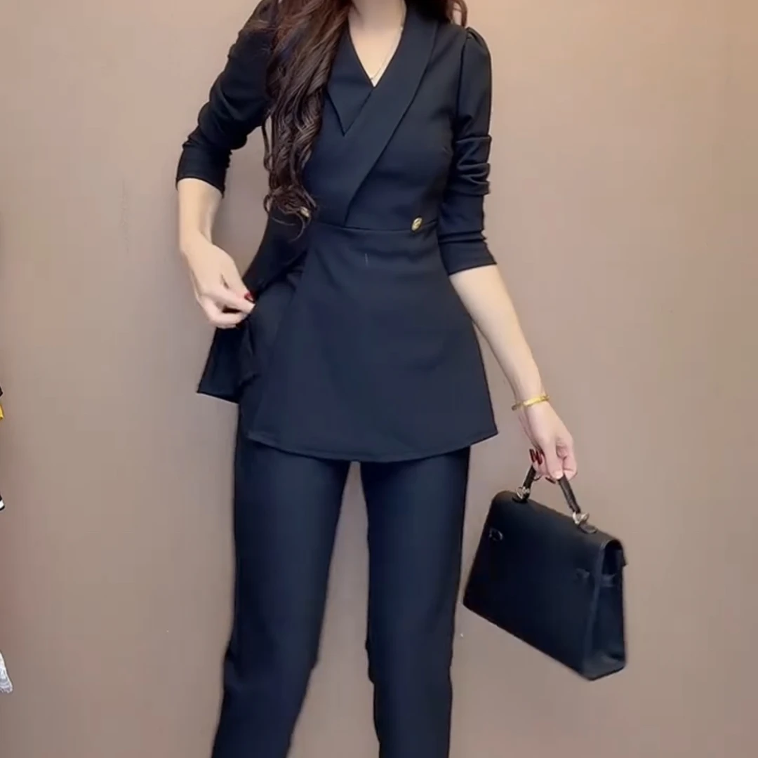 秋季新款高级宽松时尚显瘦通勤风西装上衣与裤子搭配套装