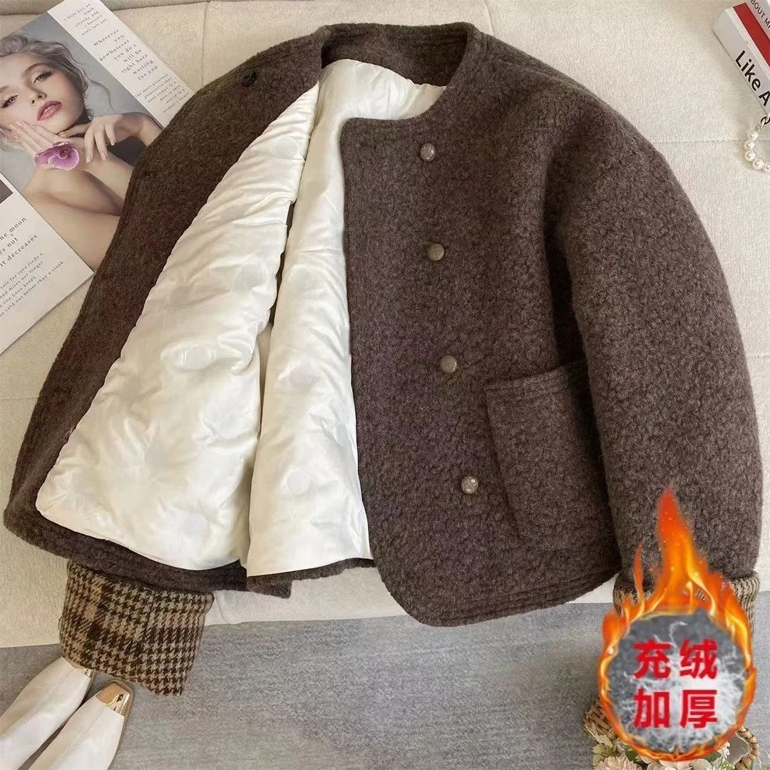 拼接香风2025新款时尚秋冬格子小个子内胆上衣羊羔加厚外套
