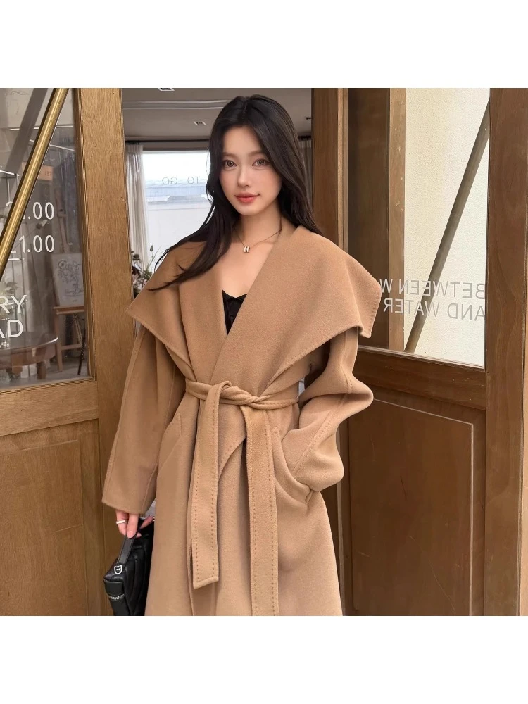 双面呢子大衣女中长款2025冬季新款大翻领慵懒宽松收腰毛呢外套