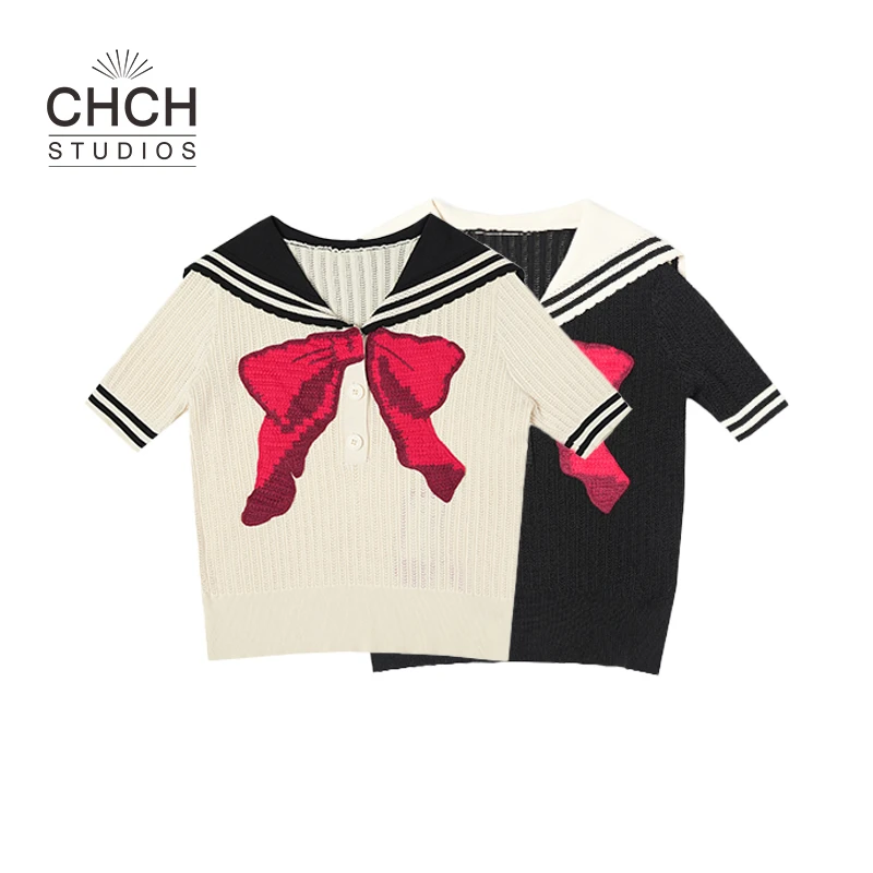 JYZZ0127海军领时尚针织百搭短袖T恤女2025年春夏新款上衣