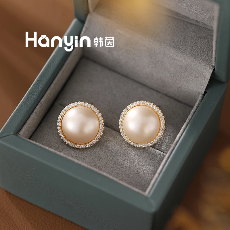 铜合金仿珍珠耳饰 925银针时尚百搭轻奢微镶香槟金色圆珠耳钉