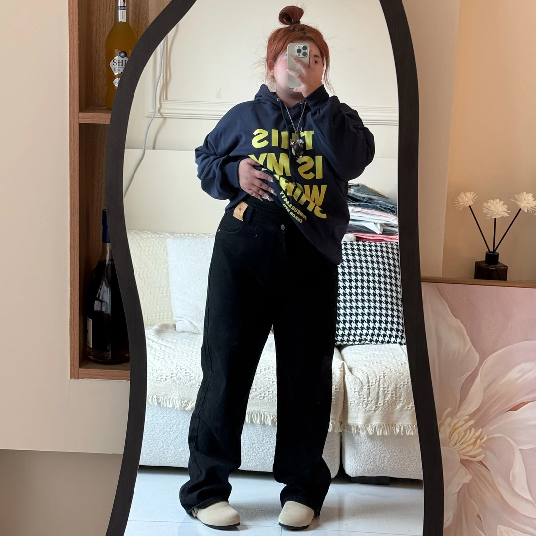 300斤大码黑色窄版直筒牛仔裤秋季新款胖mm高腰宽松显瘦百搭长裤2