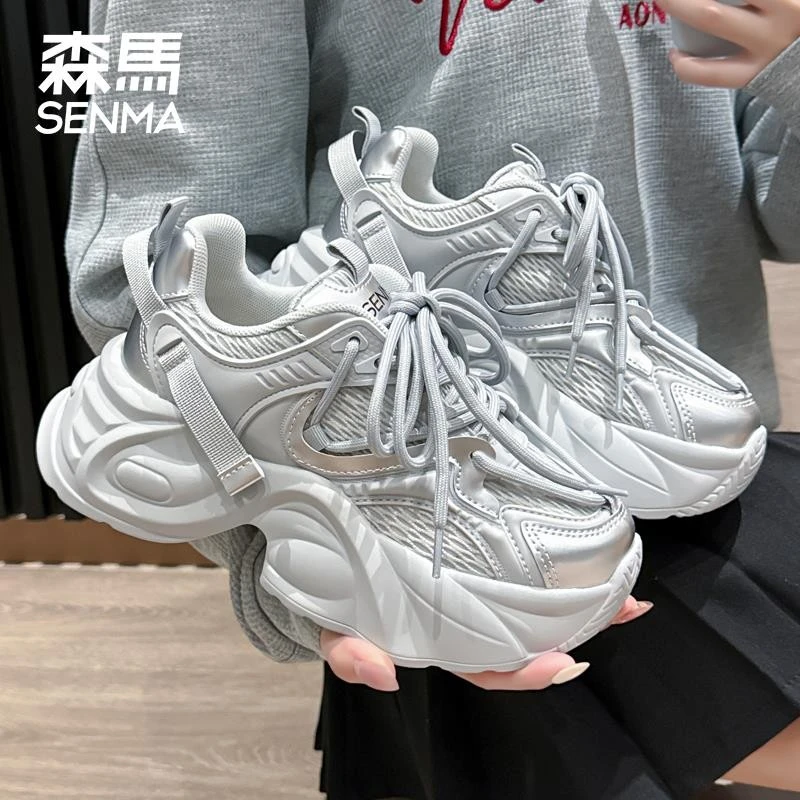 森马银色老爹鞋女款2025新款夏季透气网面厚底增高小个子运动女鞋