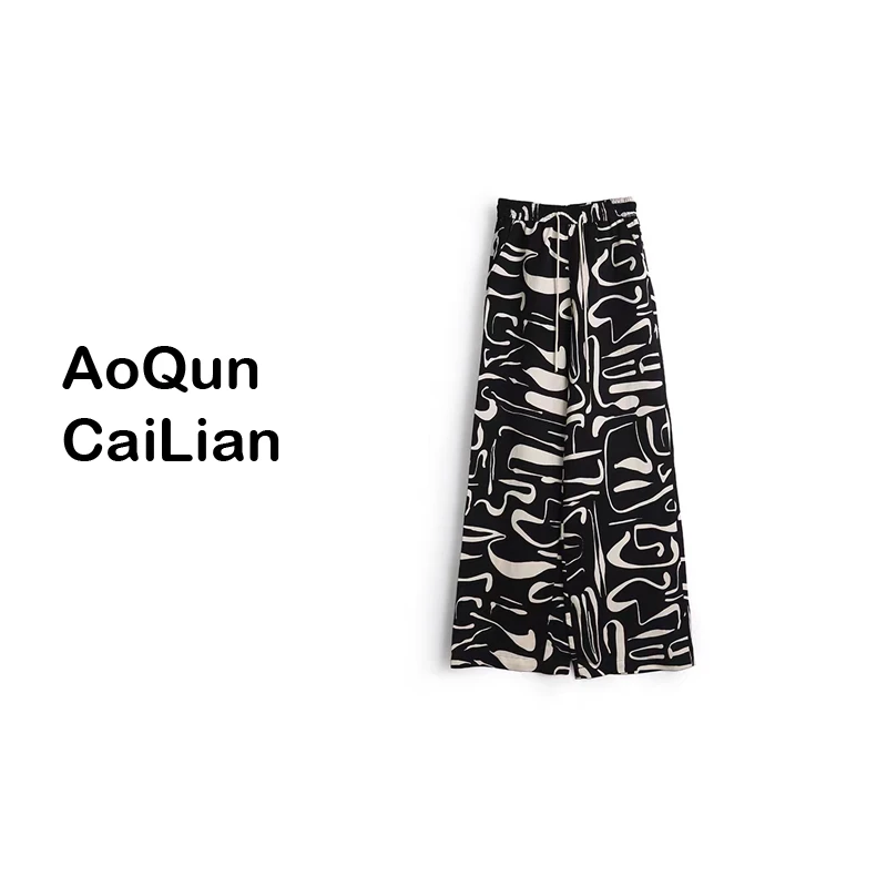 AoQunCaiLian几何条垂感抽绳时髦休闲几何条直筒裤-GG25005