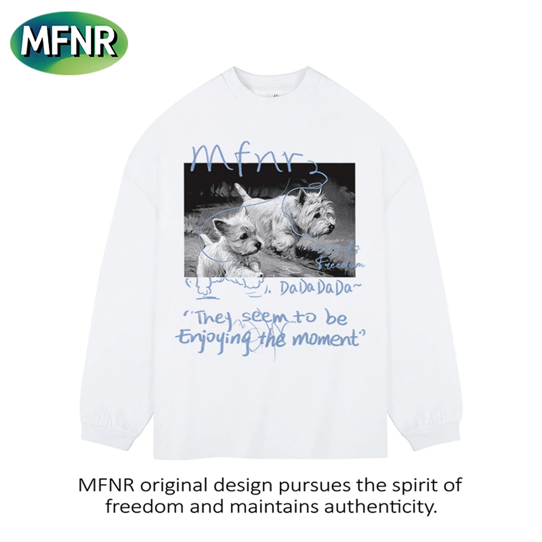 街头美式百搭小狗印花T恤男情侣小众秋季圆领重磅纯棉打底长袖潮