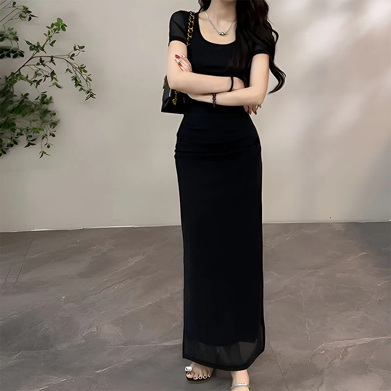 黑色方领褶皱短袖连衣裙女2025新款爆款名媛长裙气质网纱包臀裙子