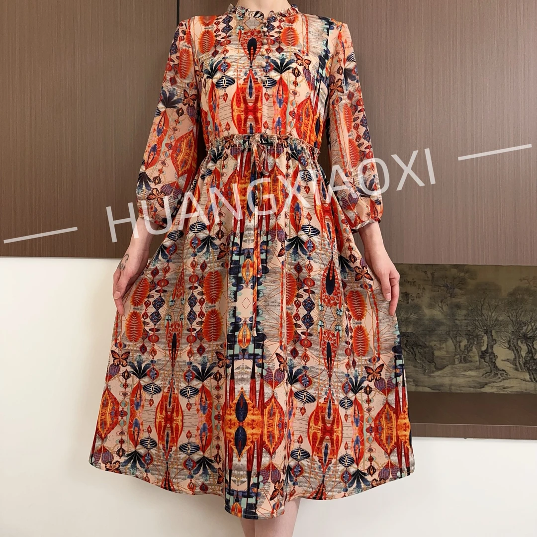 HUANGXIAOXI 热情橘红波西米亚浪漫优雅抽绳款连衣裙 HXX-283