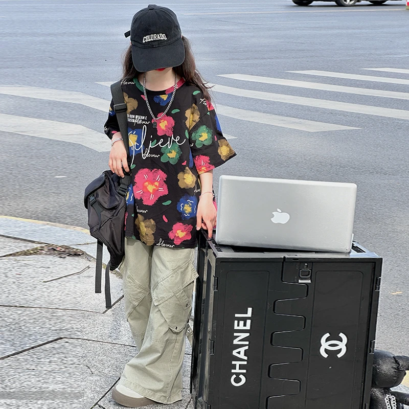 女童短袖t恤夏装2025新款女孩夏季时尚洋气女大童潮酷儿童宽松长t
