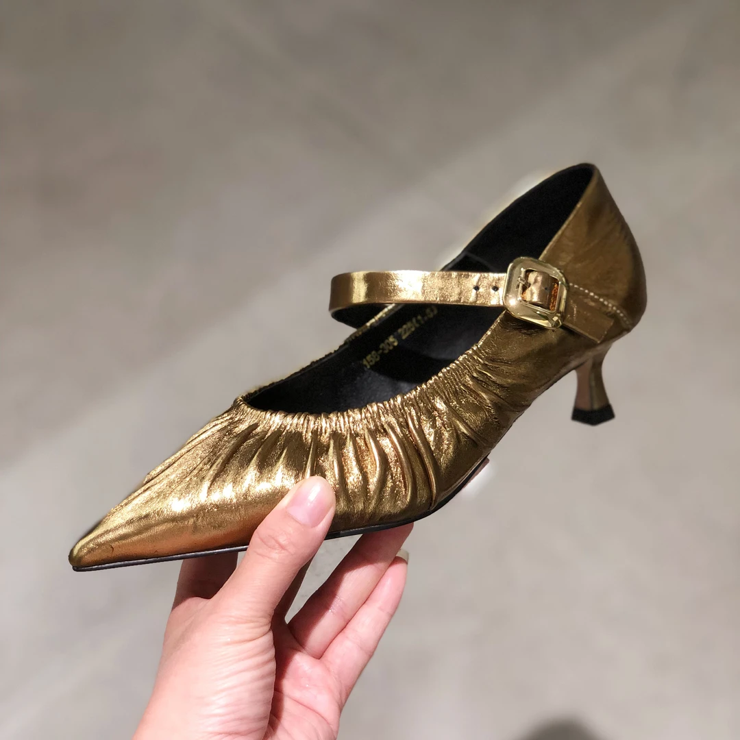 轻奢风法式尖头金色鞋子细跟跟鞋单鞋158-305