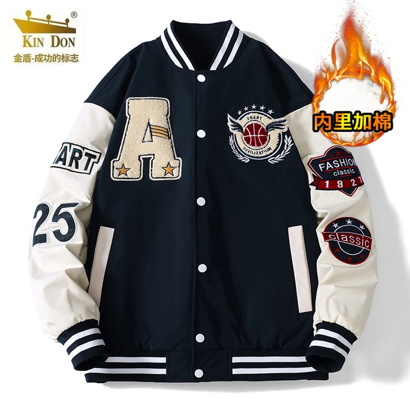 金盾棒球服加绒复古美式潮牌刺绣春秋冬季休闲青春情侣款夹克外套
