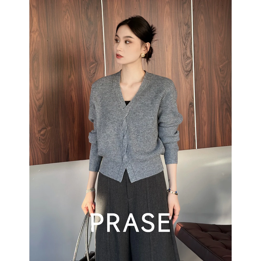 PRASE·噜【冬日美梦】绵羊毛长袖绞花V领气质圆领女毛织衫PR512B11
