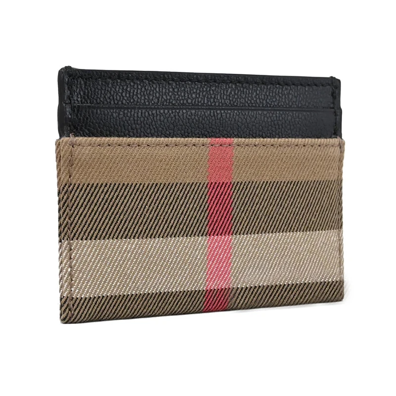 Burberry/博柏利 女士棕色帆布配皮革多色格纹mini卡片夹 条纹