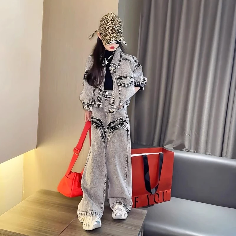 女童复古牛仔套装2025新款春装时髦外套长裤洋气儿童炸街韩版春季